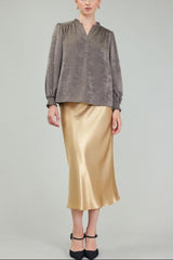 Long-Sleeve Ruffled Split Neck Blouse