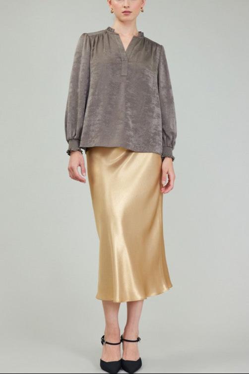 Long-Sleeve Ruffled Split Neck Blouse