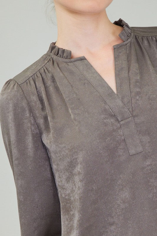Long-Sleeve Ruffled Split Neck Blouse