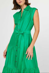 Shirt Collar Cap Sleeve Tiered Midi Dress