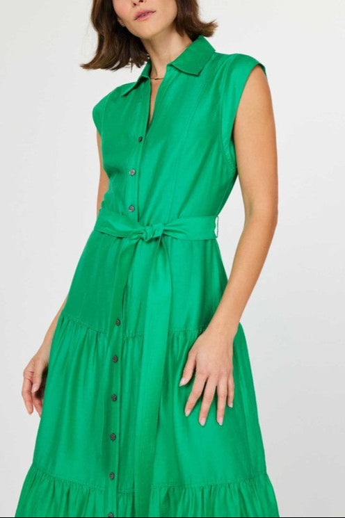 Shirt Collar Cap Sleeve Tiered Midi Dress
