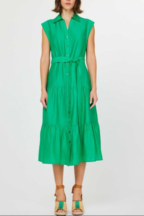 Shirt Collar Cap Sleeve Tiered Midi Dress
