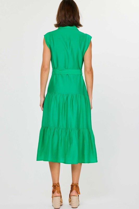 Shirt Collar Cap Sleeve Tiered Midi Dress