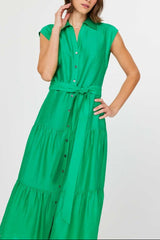 Shirt Collar Cap Sleeve Tiered Midi Dress