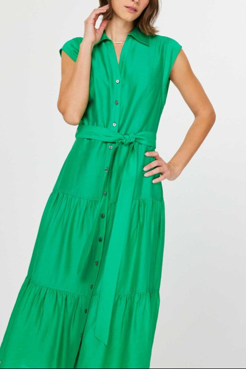 Shirt Collar Cap Sleeve Tiered Midi Dress