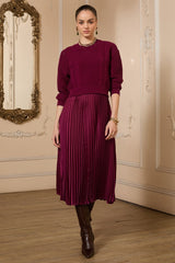 Pleated Satin Midi Dress & Knit Sweater Set