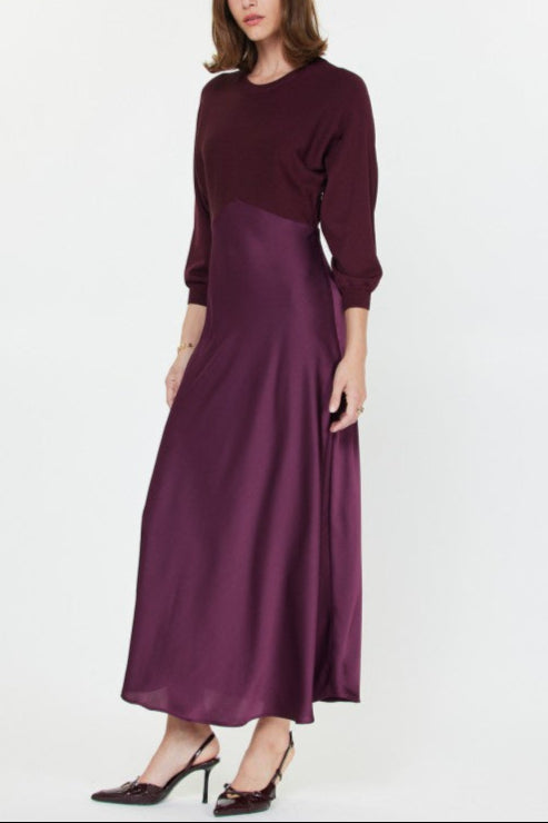 Wine Knit & Satin Contrast Maxi Dress