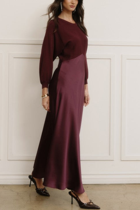 Wine Knit & Satin Contrast Maxi Dress