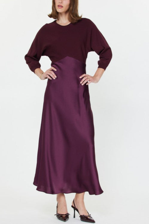 Wine Knit & Satin Contrast Maxi Dress
