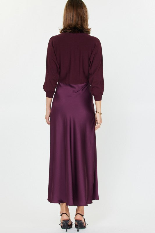 Wine Knit & Satin Contrast Maxi Dress
