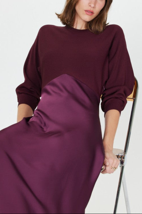 Wine Knit & Satin Contrast Maxi Dress