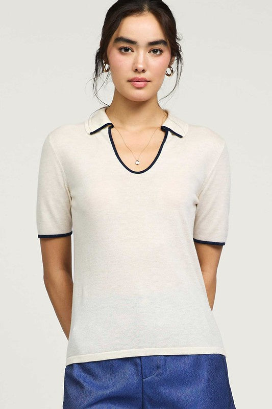 Short-Sleeve U-Neck Polo Sweater