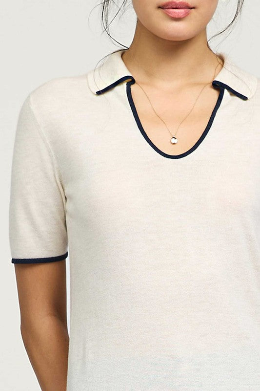 Short-Sleeve U-Neck Polo Sweater