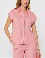 Linen Blend Cap Sleeve Button-Down Blouse