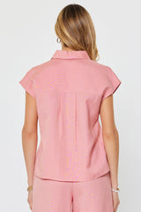 Linen Blend Cap Sleeve Button-Down Blouse