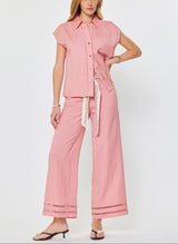 Linen Blend Cap Sleeve Button-Down Blouse