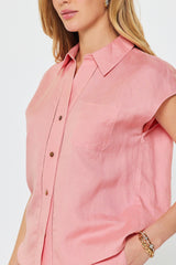 Linen Blend Cap Sleeve Button-Down Blouse