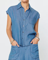 Cap Sleeve Button Down Denim Blouse