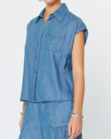 Cap Sleeve Button Down Denim Blouse