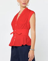 Red Tie-Waist Peplum Blouse