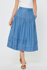 Chambray Tiered Midi Skirt