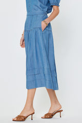 Chambray Tiered Midi Skirt