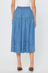 Chambray Tiered Midi Skirt