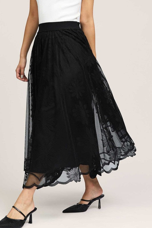 Floral Embroidered Mesh Midi Skirt