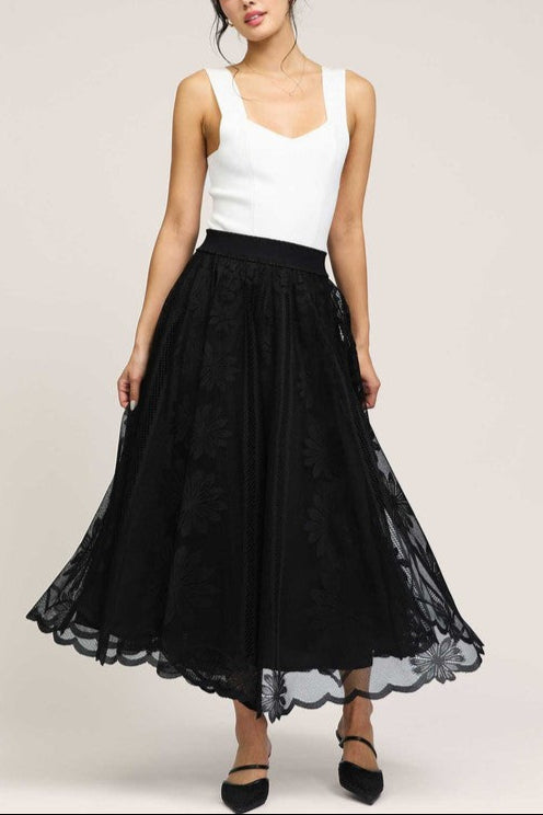 Floral Embroidered Mesh Midi Skirt