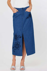 Embroidered Denim Midi Skirt