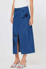 Embroidered Denim Midi Skirt