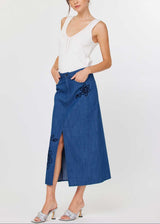 Embroidered Denim Midi Skirt