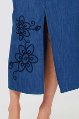 Embroidered Denim Midi Skirt