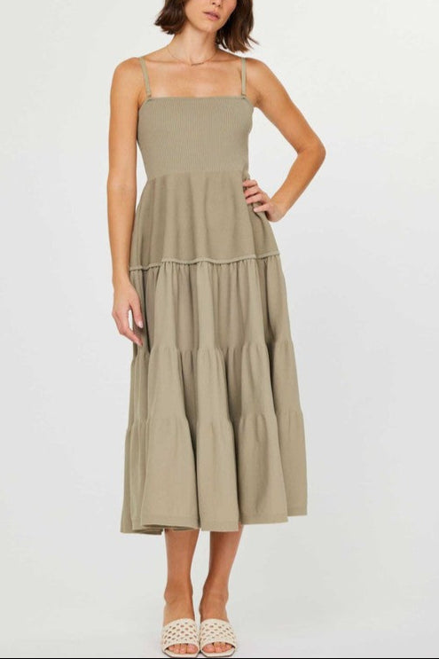 Taupe Sleeveless Square Neck Tiered Dress