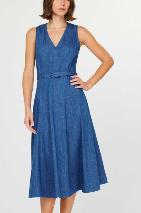Sleeveless V-Neck Belted Denim Midi Dress