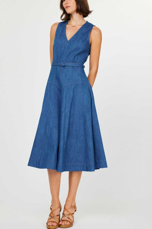Sleeveless V-Neck Belted Denim Midi Dress