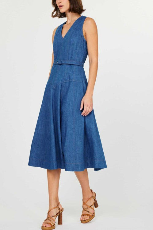 Sleeveless V-Neck Belted Denim Midi Dress
