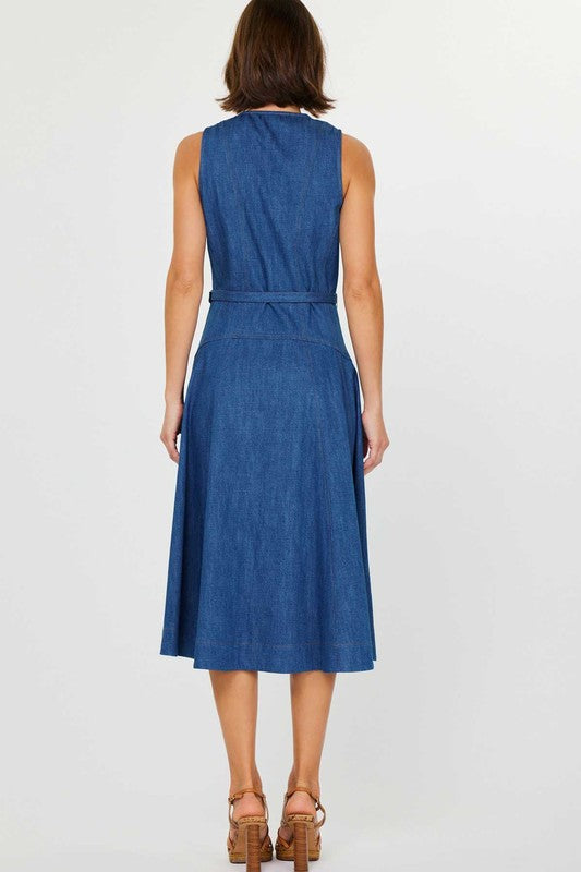 Sleeveless V-Neck Belted Denim Midi Dress