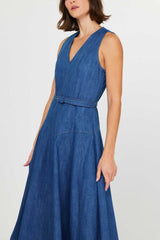 Sleeveless V-Neck Belted Denim Midi Dress