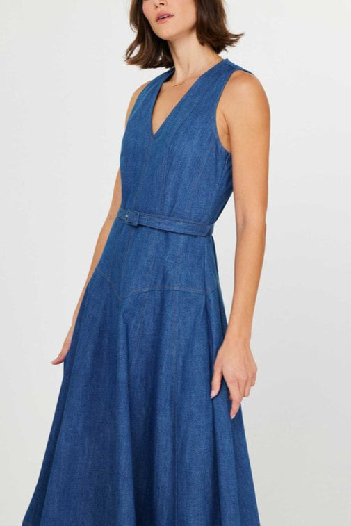 Sleeveless V-Neck Belted Denim Midi Dress
