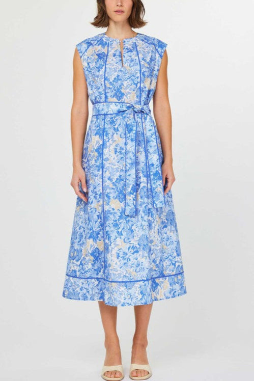 Blue Floral Sleeveless Belted Midi Dress