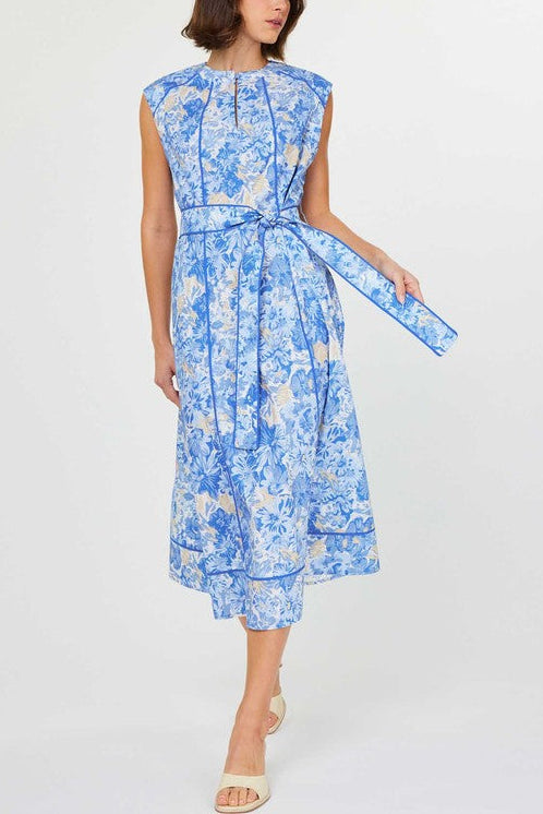 Blue Floral Sleeveless Belted Midi Dress