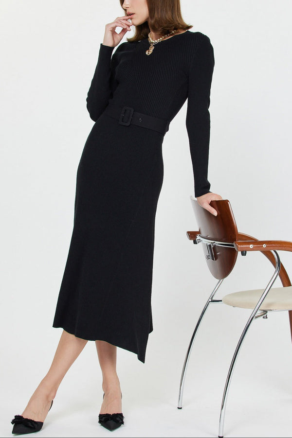 Belted Round Neck Long A-Line Dress (2 Color Ways)