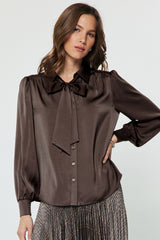 Satin Bow Tie Button-Down Blouse