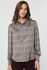 Plaid Bow Tie Button-Down Blouse