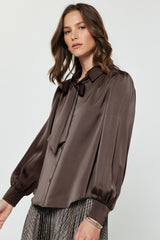 Satin Bow Tie Button-Down Blouse