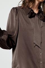 Satin Bow Tie Button-Down Blouse