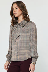 Plaid Bow Tie Button-Down Blouse