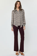 Plaid Bow Tie Button-Down Blouse