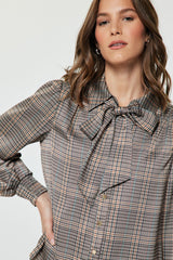 Plaid Bow Tie Button-Down Blouse